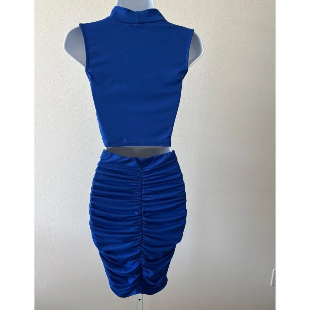 Skirt & Crop Top Set Large BodyCon Blue Ruched Y2K Glam Cyber Grunge Festival - Picture 2 of 15